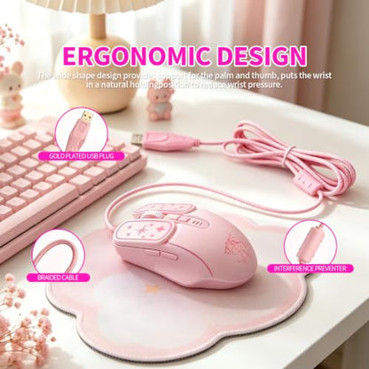 Wired Gaming Mouse, Lightweight USB Optical Computer Mice with 7 Buttons, 4 Adjustable DPI (1200-7200), Ergonomic Shape for Computers and Laptops, Pink - color: Pink