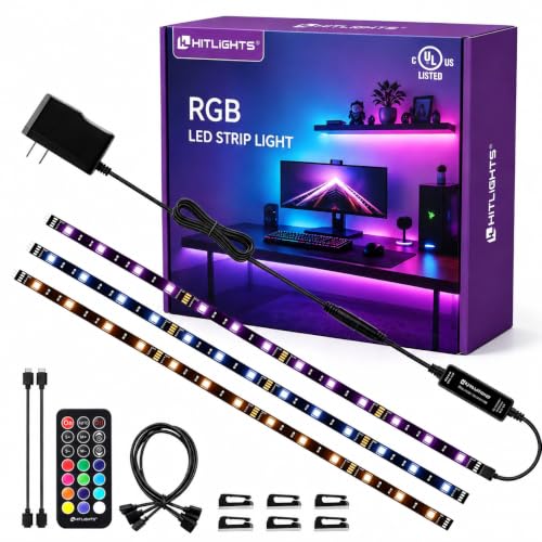 Hitlights LED Strip Lights 3 Pcs 1.64FT RGB Small LED Light Strips Kit Dimmable RGB 5050 Color Changing Tape Lights TV Backlight Display Case Lights Shelves Lighting with RF Remote & UL-Listed Adapter | UL Listed with RF Remote 12V Power Supply Connectors