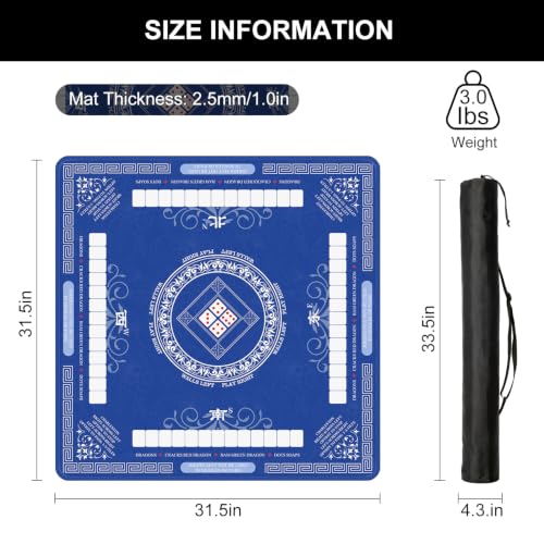 Mahjong Mat for Table with Rules, 31.5" x 31.5" Noise Reduction Non Slip Waterproof Mah Jong Table Mat with Carrying Bag, Suitable for Mahjong, Poker, Board Games, Dominoes, and Card Games - color: Blue White