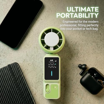 Portable Handheld Fan, 100-Speed Turbo Rechargeable Mini Fan | 3-in-1 Wearable Foldable Fan with Ice Compress Cooling. Ideal for Travel, Outdoor, Office. Compact & Long Battery Life. - color: Green