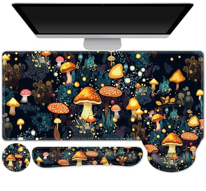 Gaming Mouse Pad, Large Desk Mat Cute Desk Pad Protector, 4in1 XXL Mousepad | + Keyboard Wrist Rest+Mouse Wrist Rest+Coaster Set with Ergonomic Desk Pad for Home Office Table Computer, Lovely Mushroom - color: Lovely Mushroom