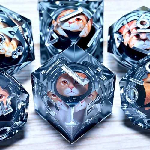 Resin Cat Head DND Dice, Sharp Edge Dungeons and Dragons Polyhedron Game Dice Set for Role Playing Games RPG Explorer Magic, Holiday Birthday Gifts Party Gifts - color: Cute Cat Head