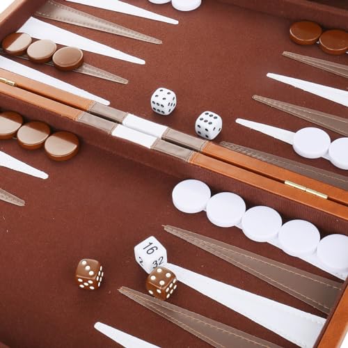 Backgammon Set - Classic Board Game with Premium Leather Case - Portable Travel Strategy Backgammon Game Set for Adults, Kids - Suitable as (15inch, Brown) - color: Brown, style: 15inch