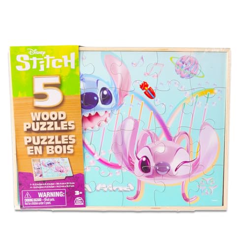 Stitch Wooden Jigsaw Puzzle 5 Pack - Stitch and Angel Wood Puzzles Bundle with Holding Tray, Tattoos, Activity Book, More | Disney Toys for Kids