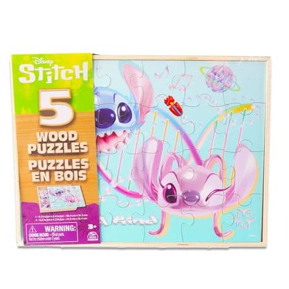 Stitch Wooden Jigsaw Puzzle 5 Pack - Stitch and Angel Wood Puzzles Bundle with Holding Tray, Tattoos, Activity Book, More | Disney Toys for Kids