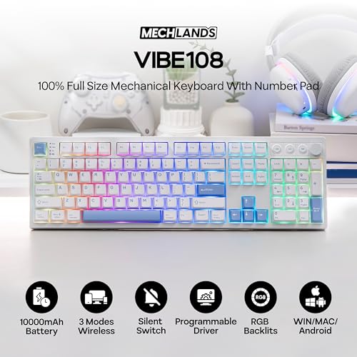 MechLands Vibe108 Full Size Mechanical Keyboard w/Knob, Multimedia Button | Wireless Gaming Keyboard with 10000mAh Battery, RGB Backlits, 104 Keys Hot Swappable, Custom Driver (Vela Silent Switch) - color: Vela Silent Switch