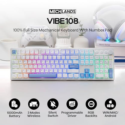 MechLands Vibe108 Full Size Mechanical Keyboard w/Knob, Multimedia Button | Wireless Gaming Keyboard with 10000mAh Battery, RGB Backlits, 104 Keys Hot Swappable, Custom Driver (Vela Silent Switch) - color: Vela Silent Switch