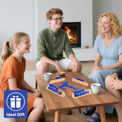 Dominoes Set for Adults with 4 Wooden Racks/Trays, Double Six Travel Portable Case 6 Tiles Holders, 28 Dominos Family Board Games - Blue - color: Blue