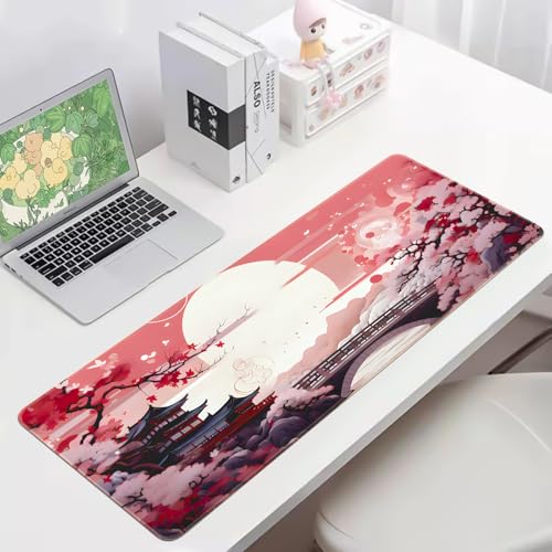 FreeNook Japanese Large Gaming Mouse Pad 31.5 x 11.8 in Computer Mouse Pad Anime Gaming Mousepad, Expanded Architecture Cute Desk Pad with Nop-Slip Suitable for Home Office - color: Cherry Tree, size: 31.5L x 11.8W inches