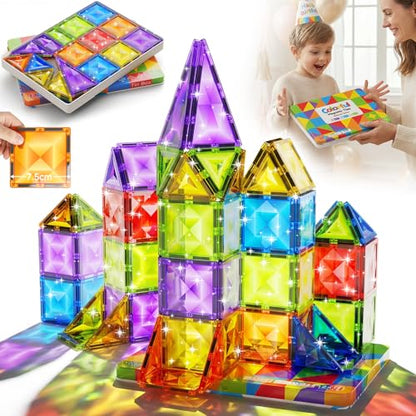 Large Diamond Magnetic Building Tiles: 48 PCS Deluxe 3D Play Blocks | 3x Sparkling Transparent Cut - 7.5cm Big Size STEM Sensory Toy with Tin Box Storage Organizer for Toddlers Age 3-6 Birthday - style: Large Magnetic Tiles - 48PCS