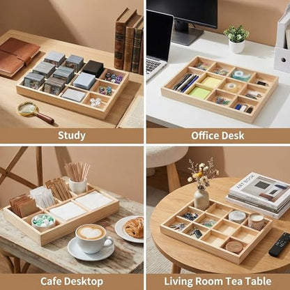 2 Pack Wooden Display Organizer Sorting Craft Tray Grid Display Divided Organizer for Bead Puzzle Card Crayons Sticker Trinket Organizing