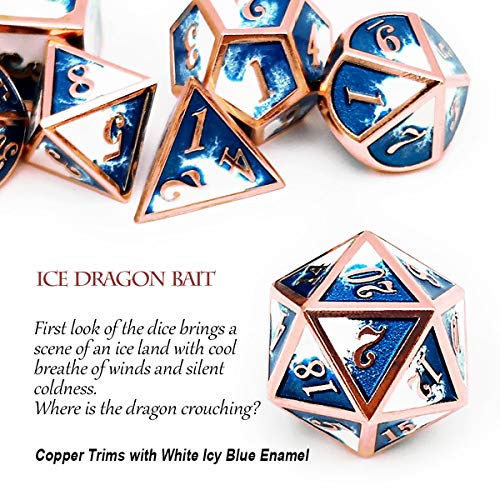 Haxtec Metal DND Dice Set, 7 Pcs Blue-White Polyhedral Dice for RPG | Copper Edge D&D Dice with Leather Bag, Compatible with Dungeons and Dragons, Heavy Metallic, Gifts for Table Games - color: Copper Blue White