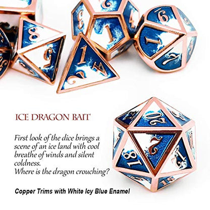 Haxtec Metal DND Dice Set, 7 Pcs Blue-White Polyhedral Dice for RPG | Copper Edge D&D Dice with Leather Bag, Compatible with Dungeons and Dragons, Heavy Metallic, Gifts for Table Games - color: Copper Blue White