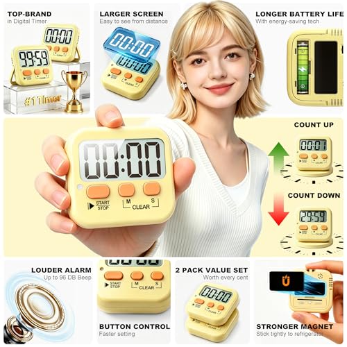 2 Pack Digital Timer for Kids Classroom Kitchen Timers for Cooking | w/ Battery, Easy to View, Alarm, Mute Mode, Count Down/Up, Magnetic, Kickstand, Hanging, Classroom Timer for Teacher Supplies - color: Yellow