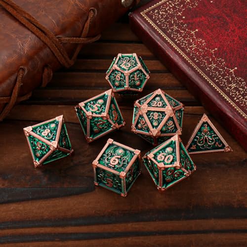 Metal Dice Set, Octopus Pattern, 7pcs Polyhedral Metal DND Dice Set, DND Starter Set, D&D Gifts with Gift Bag, Role Playing Board Games Accessories, Red Copper Border Green - color: Green With Gift Bag