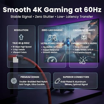 HDMI 2.0 4K Cable Red Nylon Cord, 18Gbps 4K@60Hz, 4.5m/15ft | HDR HDCP 2.2 ARC Dolby Vision Ultra HD HDMI to HDMI Cable for Gaming Consoles, 4K TV, Laptop, PC Monitor, Blu-Ray Player - size: 4.5 m/15 ft.