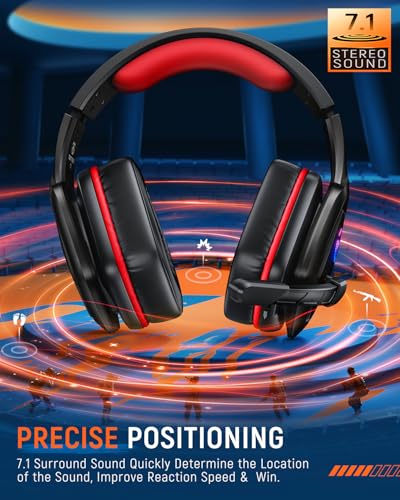 Tatybo Wireless Gaming Headset with Mic, 7.1 Sound 50mm Driver, Black Red | 3-mode 2.4G/BT 5.3/USB-C; 30H battery; low latency for PS5/PS4/PC/Switch/Laptop/Mobile - color: Black Red