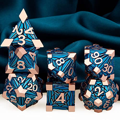 ARUOHHA DND Metal Dice Set Crystal Shards Dice with Gift Box, 7PCS Copper Blue Polyhedral Dice RPG Role Playing Game Handmade 6 Sided D and D Dice Set D20 D12 D10 D8 D6 D4 - color: Red Copper Blue