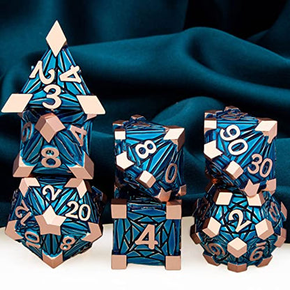 ARUOHHA DND Metal Dice Set Crystal Shards Dice with Gift Box, 7PCS Copper Blue Polyhedral Dice RPG Role Playing Game Handmade 6 Sided D and D Dice Set D20 D12 D10 D8 D6 D4 - color: Red Copper Blue