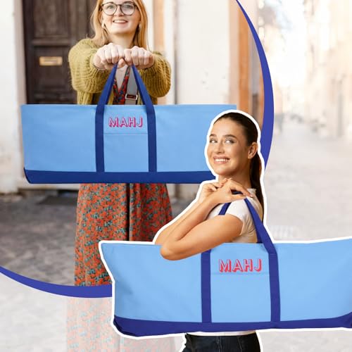 Mahjong Bag for Tiles and Racks Empty American Mahjong Tiles Carrying Tote 31.5 x 12 x 4 Inches Canvas Tile Games Accessories Gifts for Card Pushers Rack Mat Carrying, Case Only(Dark Blue) - color: Dark Blue