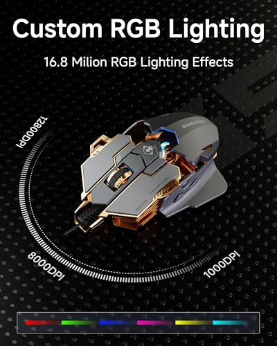 EWEADN G5 Wired Gaming Mouse with Adjustable Tail, 12800 DPI Programmable Computer Mouse with RGB Backlit, 9 Macro Buttons, Rapid Fire Key & Aluminum Base Ergonomic PC Mice for Laptop, PC-Grey - color: Grey