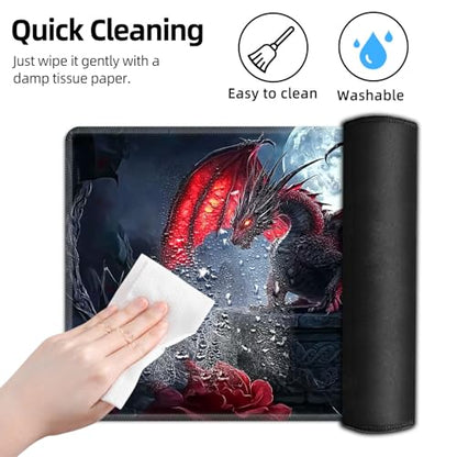 for MTG Playmat TCG Card Game Mat with Stitched Edges,Board Game Mats Non-Slip Waterproof Rubber Base 24 x 14 inch for CCG RPG DTCG Trading Card,Red Dragon Moon - color: Red Dragon Moon