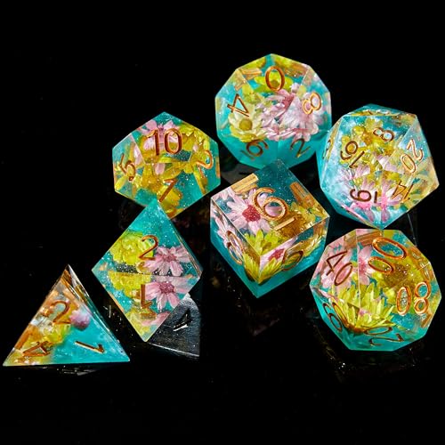 FugaCity Dice Set,Handmade Sharp Edge 7 Piece Resin Dice-Dungeon&Dragons Polyhedral Dice Set, D&D Dice Set with Gift Dice Case for RPG MTG Table Games - color: B-yellow Flower