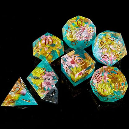 FugaCity Dice Set,Handmade Sharp Edge 7 Piece Resin Dice-Dungeon&Dragons Polyhedral Dice Set, D&D Dice Set with Gift Dice Case for RPG MTG Table Games - color: B-yellow Flower