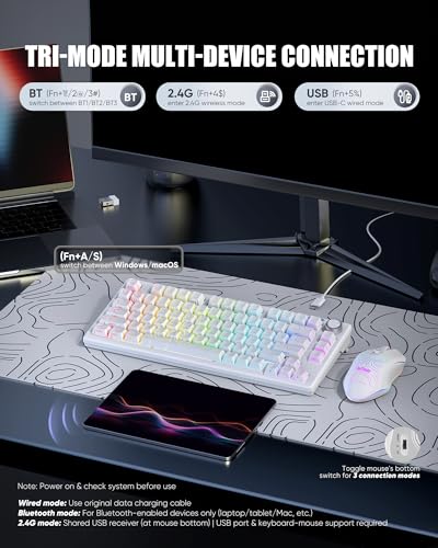 RedThunder K75 Wireless Keyboard and Mouse Combo,75% Membrane Side-Engraved Keyboard,Optical Gaming Mouse with 4800DPI,3 Modes(BT/2.4G/Wired),Dual System,RGB Backlit,Rechargeable Battery,Contour White - color: White Contour Line