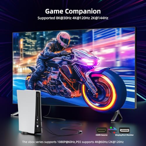 8K@30Hz HDMI to DisplayPort Cable 4K@144Hz, for PS5 Xbox Discrete GPU | HDMI 2.1 to DP 1.4, USB Power for Stable Signal, Aluminum Shell with Vents, for Laptop Discrete GPUs Xbox PS5