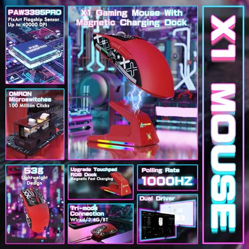 ATTACK SHARK X1 Ultralight Tri Mode Wireless 40000 DPI Gaming Mouse-Red | Magnetic RGB Charging Dock,Anti Slip Grip Tape,PixArt PAW3395 Pro Optical Sensor,BT/2.4Ghz/Wired,Driver for PC Win Mac Gamer - color: Red+Grip Tape