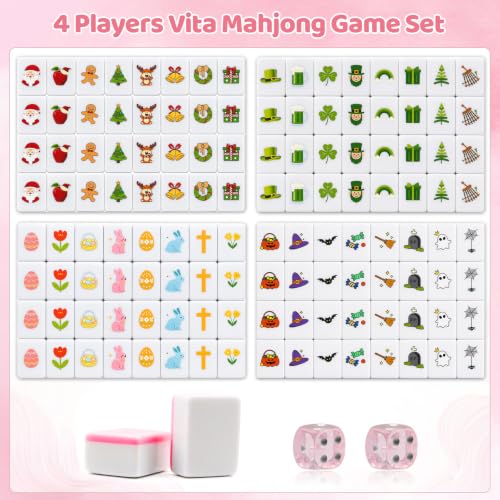130 Pcs Mahjong Block Set, 4 Players 1.18” Seaside Escape Game Blocks with 4 Different Theme(Christmas, Halloween, St Patricks, Easter),Portable Vita Mahjong Game Set with A Carry Bag