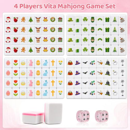 130 Pcs Mahjong Block Set, 4 Players 1.18” Seaside Escape Game Blocks with 4 Different Theme(Christmas, Halloween, St Patricks, Easter),Portable Vita Mahjong Game Set with A Carry Bag