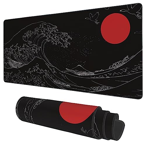Desk Mat, Black Japanese Style Wave and Red Sun Extended Gaming Mouse Pad Large, 35.4"x15.7" Big Mouse Pad with Non-Slip Base and Stitched Edge, Long Computer Keyboard Mouse Mat for Home Office Work - color: Black Japanese Style Wave and Red Sun, size: XX