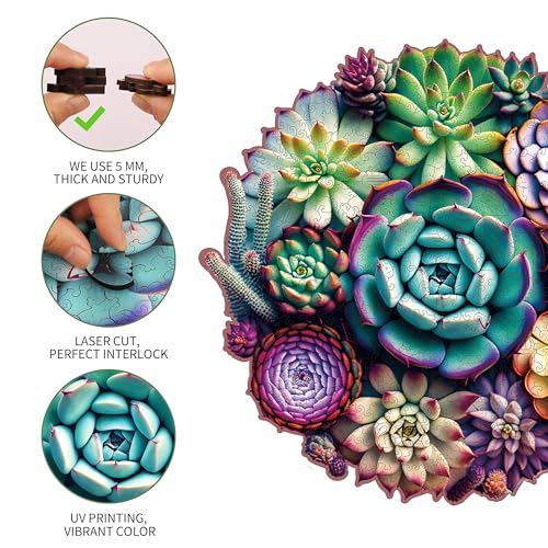 Delobi Mandala Succulent Wooden Puzzles, 200 Pieces Jigsaw Puzzles 11.3'' x10.9'', Unique Design Wooden Puzzles for Adults and Kids, Family Game Gift Medium Size - color: Succulent Mandala, size: 200Pcs