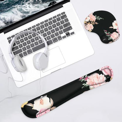 MOSISO Wrist Rest Support for Mouse Pad&Keyboard Set, Curved Peony Ergonomic Mousepad&Coaster Non-Slip Base Home/Office Pain Relief&Easy Typing Cushion with Neoprene Cloth&Raised Memory Foam, Black