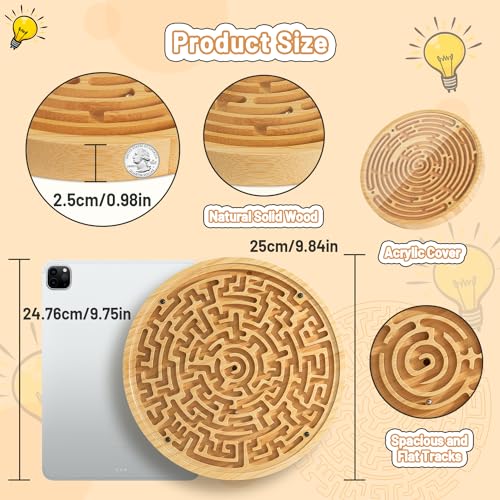 Wooden Labyrinth Board Game with Two Versions of Upgraded Circular Marble Maze with Two-Sided Design, 2-in-1 Puzzle Maze with Two Metal Balls, Brain Teaser Game for Children, Teenagers, and Adult - color: 2 in 1