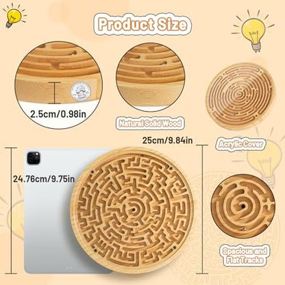 Wooden Labyrinth Board Game with Two Versions of Upgraded Circular Marble Maze with Two-Sided Design, 2-in-1 Puzzle Maze with Two Metal Balls, Brain Teaser Game for Children, Teenagers, and Adult - color: 2 in 1