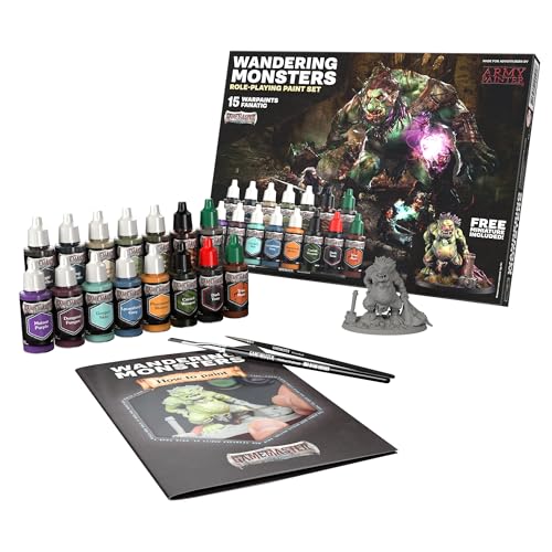 The Army Painter GameMaster: Wandering Monsters Set Combo, 15 x 18 mL Warpaints Fanatic Acrylic Paints, incl. Metallics, Wash, Primer, 2 Brushes, 1 Miniature - Warhammer & D&D | Warpaints Fanatic Acrylic Paint incl. 2 brushes and 1 free troll miniature -