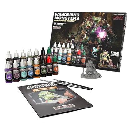 The Army Painter GameMaster: Wandering Monsters Set Combo, 15 x 18 mL Warpaints Fanatic Acrylic Paints, incl. Metallics, Wash, Primer, 2 Brushes, 1 Miniature - Warhammer & D&D | Warpaints Fanatic Acrylic Paint incl. 2 brushes and 1 free troll miniature -