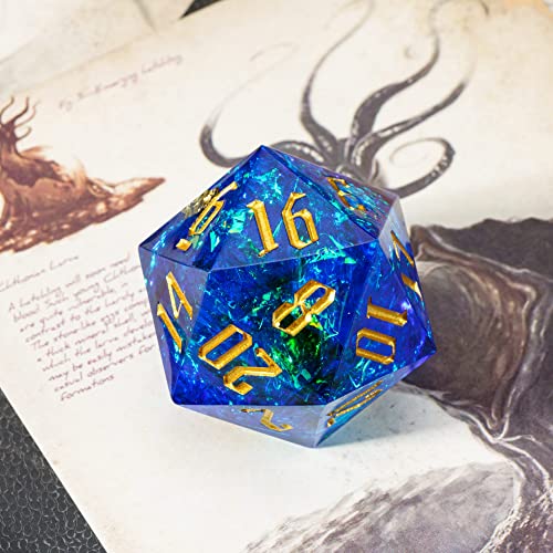 Cusdie Single D20 DND Dice with Sharp Edges and Glitter Foil Inclusions, 20 Sided D&D Dice, 33mm Handcrafted Polyhedral Dice, for Role Playing Game (Sapphire Blue/G) - color: Sapphire Blue