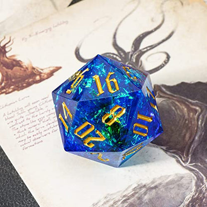Cusdie Single D20 DND Dice with Sharp Edges and Glitter Foil Inclusions, 20 Sided D&D Dice, 33mm Handcrafted Polyhedral Dice, for Role Playing Game (Sapphire Blue/G) - color: Sapphire Blue