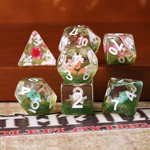 Handan Resin DND Dice Set Handmade Flower D&D Die Filled with Flowers and Grass for D&D Dungeons and Dragon Tabletop Games