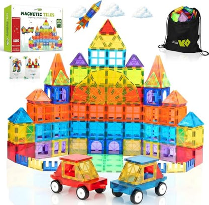Magnetic Tiles Set 180 PCS with 2 Cars Bases, STEM Educational Magnet Toys for Kids Ages 3-12, Magnetics for Kids & Preschool, Creative Magnetic Building Toys for Boys & Girls - style: 180 Pieces