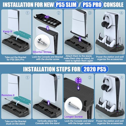 PS5/PS5 Slim/PS5 Pro Stand and Cooling Station with Dual Controller Charging Station for PlayStation 5 Console, PS5 Accessories Incl. Controller Charger, Cooling Fan, Headset Holder, 3 USB Hub, Black - color: Black