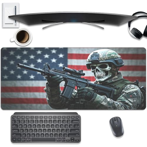 American Flag Skull Soldier Large Gaming Mouse Pad, 27.5x11.8in Tactical Military Extended Desk Mat with Stitched Edges, Non-Slip Waterproof Rubber Base for Office, Computer & Laptop - color: Usa Skeleton Warrior