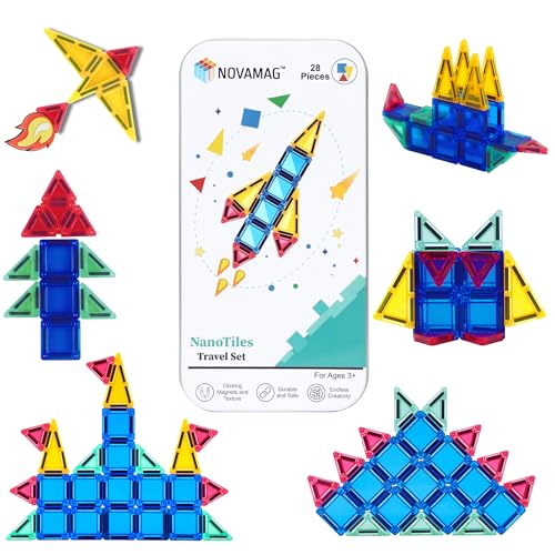 Mini Magnetic Tiles Travel Set – Airplane, Travel Activities for Toddlers & Kids Ages 4-8 - Car, Road Trip, Plane Toys & Essentials, STEM Building Blocks with Tin Case - 28 Pieces