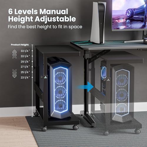 EUREKA ERGONOMIC PC Stand Computer Cart, Height Adjustable Tower Stand 2-Tier Suit for ATX Case Printer, Metal Rolling Cart on Wheels for Gaming Home Office, Carbon Fiber - color: Carbon Fiber