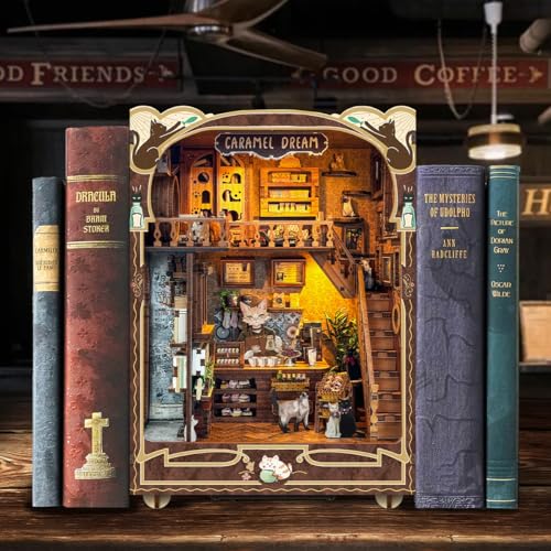 Book nooks DIY Dollhouse Kit for Adults 3D Stereo Assembly Night Light Sensing Wooden Bookend Jigsaw Building Model Gifts for Family,Friends (Caramel Dreams)