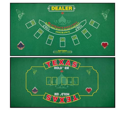 2-in-1 Casino Night Poker Mat, 36"x72" Double-Sided Texas Hold'em & Blackjack Felt Table Cover, Non-Slip Steel Clamps Included, Perfect for Game Night, Home & Casino Parties - color: Green